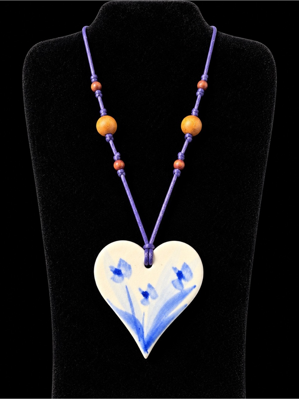 Hand-Painted Blue Floral Ceramic Heart Pendant Necklace with a Blue Cord